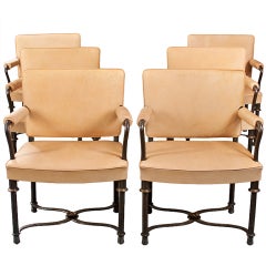 An Elegant Set of 6 Wrought Iron, Bronze & Leather Arm Chairs