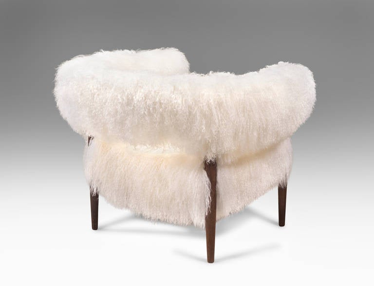 Danish Nanna Ditzel: A Pair of Rare Fur Upholstered and Wenge Ring Chairs