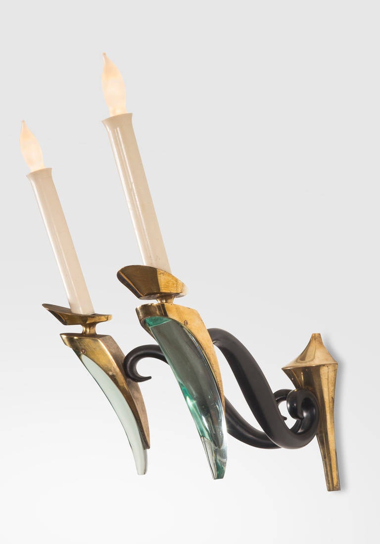 French Max Ingrand for Fontana Arte, a Pair of Glass and Brass Sconces