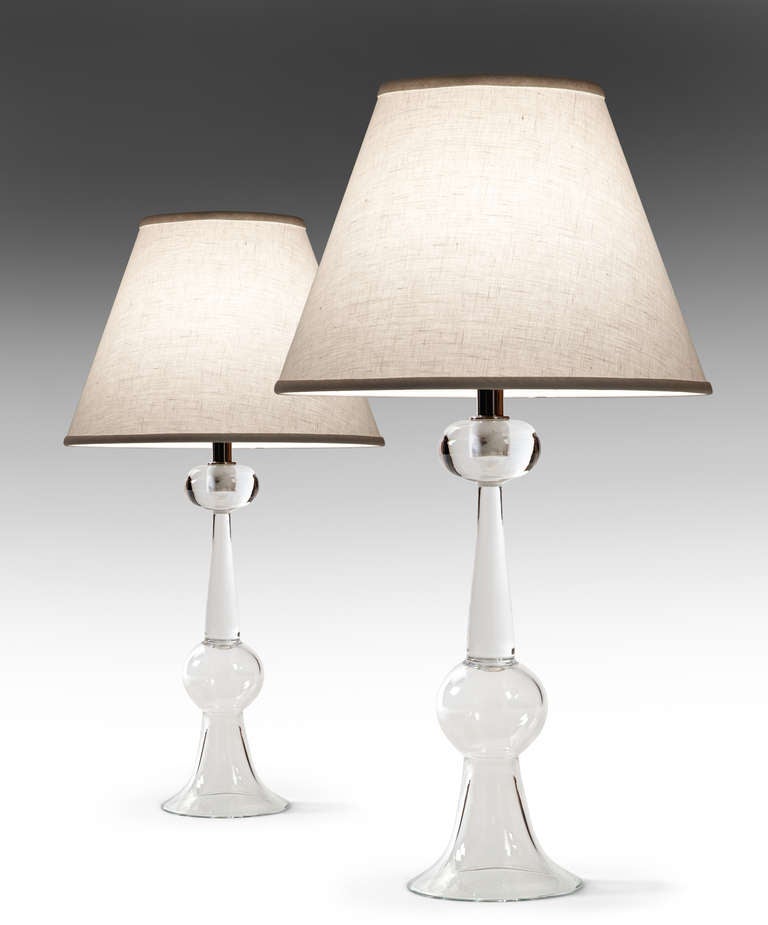 Ingeborg Lundin for Orrrefors: A Pair of Glass Candlesticks, Now Lamps