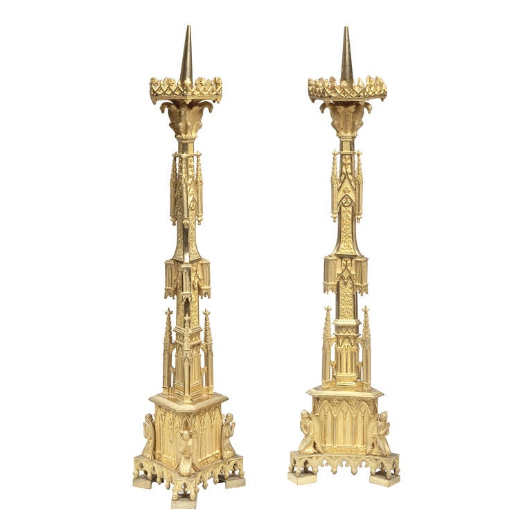 A pair of gothic style ormolu pricket sticks For Sale