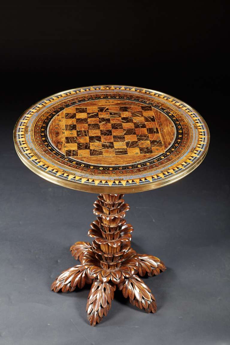 A superb scientific English library table. The inlaid and paint decorated top is supported by a palmetto carved pedestal base. This unique table, likely a period bespoke piece, has mechanical chapter rings that are adjusted by knobs underneath the