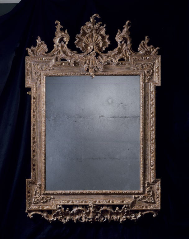 A fine Kentian giltwood frame mirror with outset corners having a shell carved cresting with acanthus and rococo carving at base.