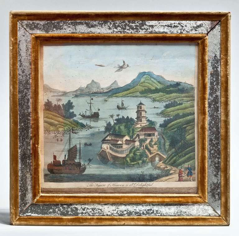 A set of four English 18th century engravings of China, with old, possibly original coloring, with early 20th century frames of mirror and velvet.  Prints are trimmed.
English, Circa 1753
This set of four comes from a larger set of 20 which