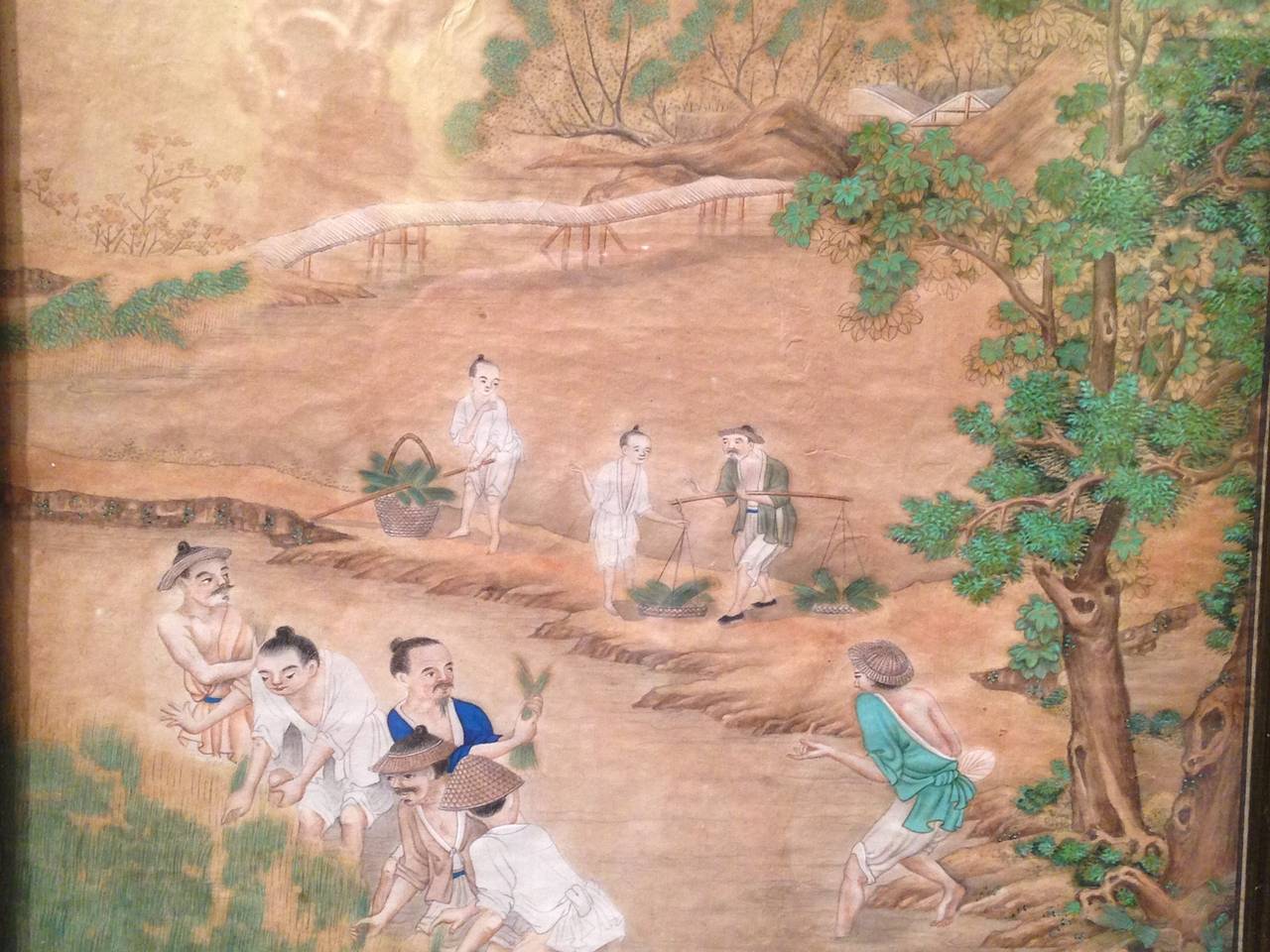 Set of eighteen Chinese paintings on rice paper depicting various aspects of rice production.  Late 18th Century. Painting dimensions: Height: 9 ¼” Width: 9 ¼”