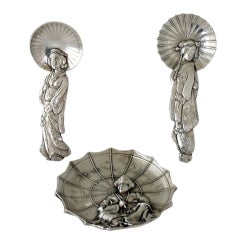 Vintage Decorative Japanese Sterling Silver Pair of Servers - Geisha with Parasol