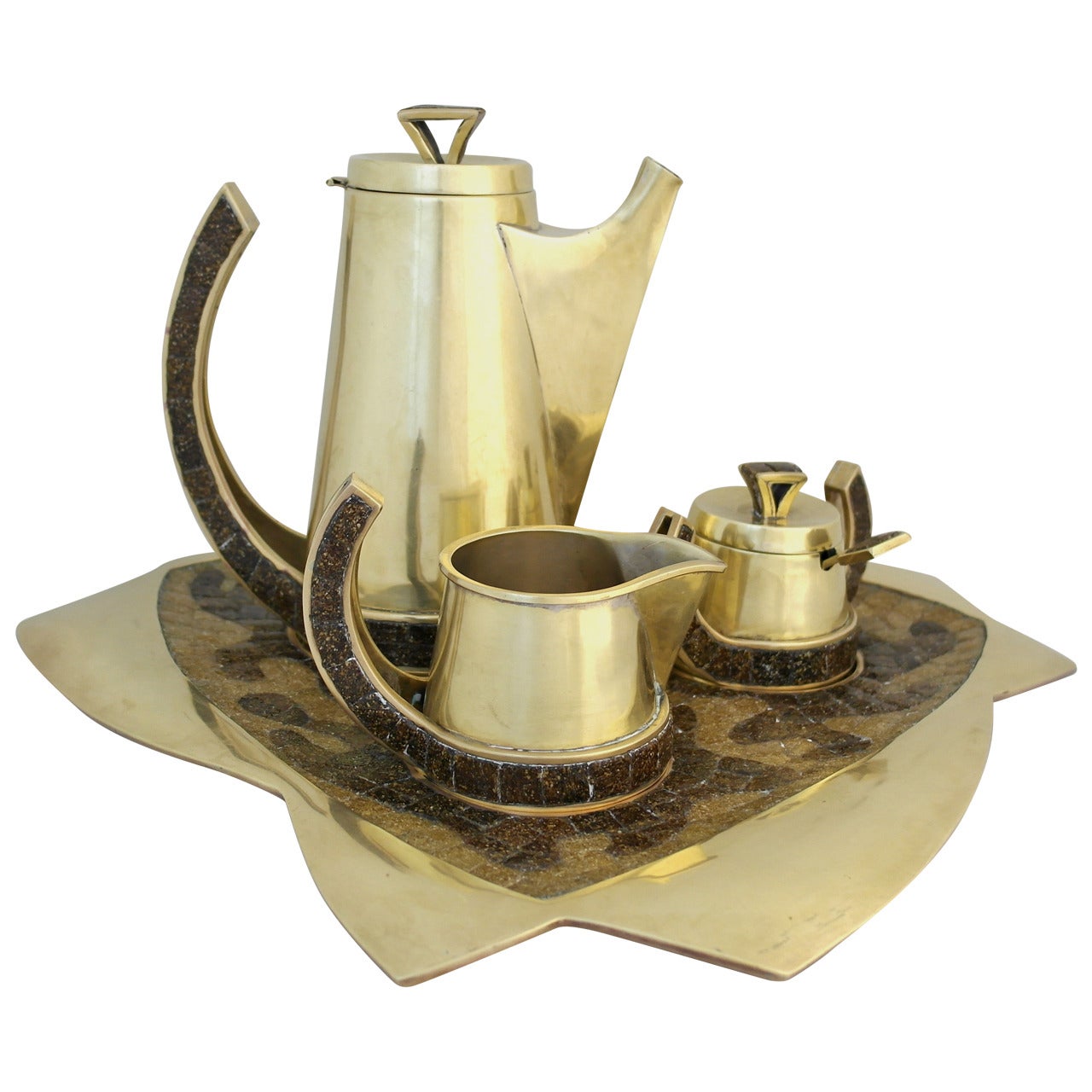 Salvador Teran Brass and Glass Mosaic Tea Set For Sale