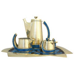 Rare Salvador Teran Modernist Coffee Service circa 1970 Hand-Wrought Brass Tile