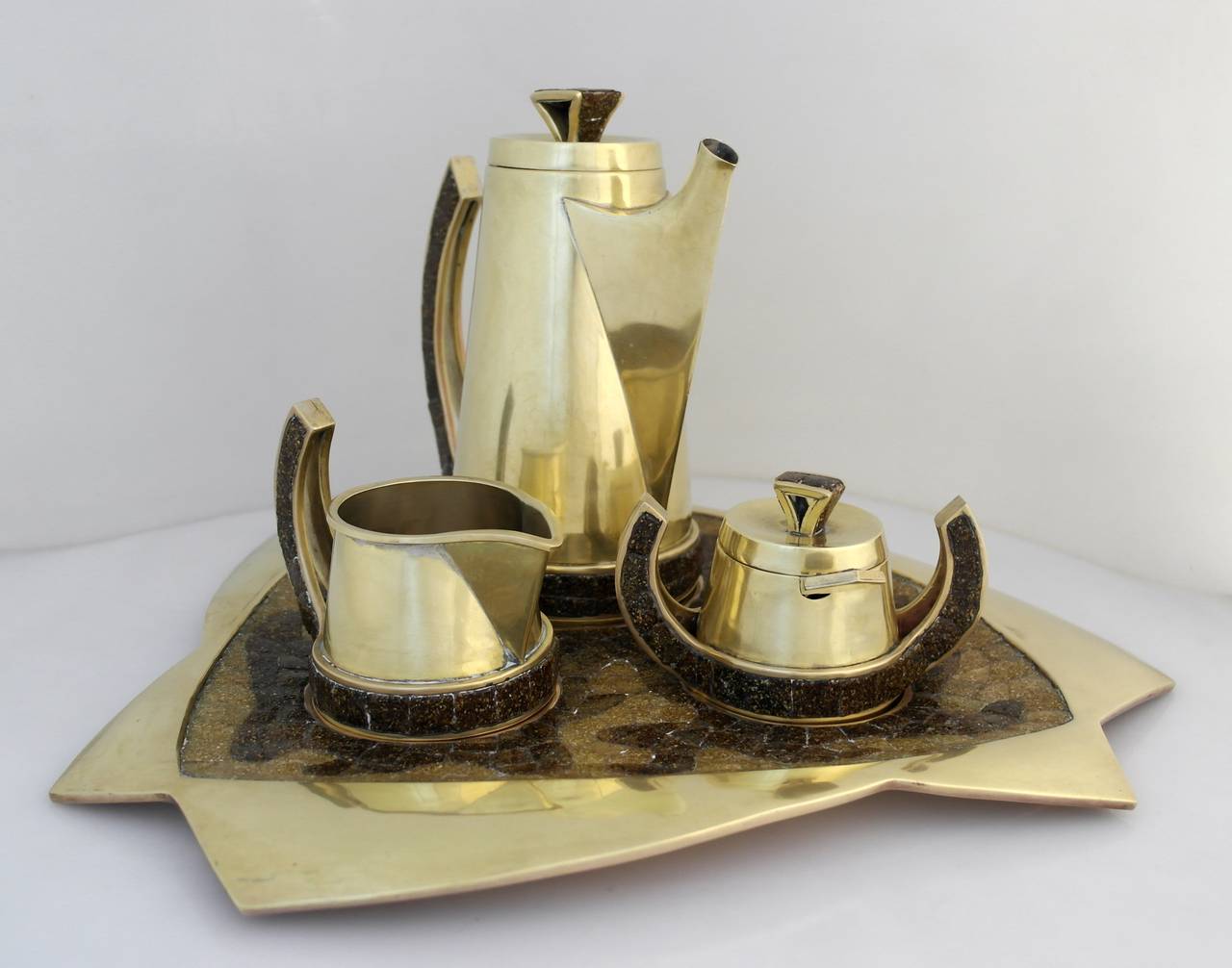 Mexican Salvador Teran Brass and Glass Mosaic Tea Set For Sale
