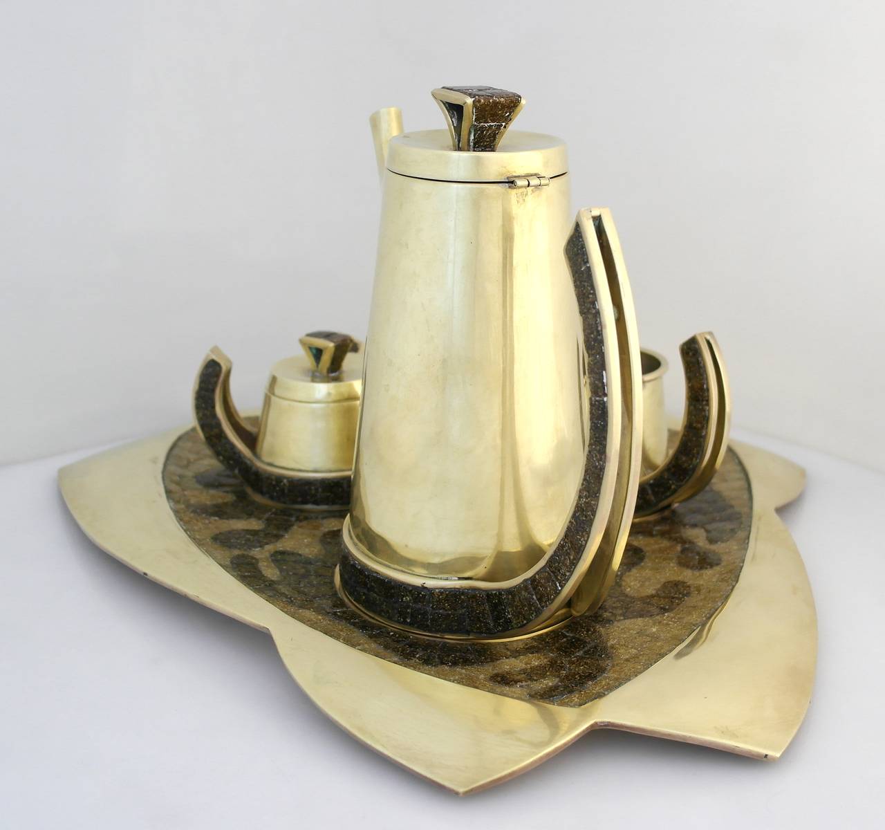 Salvador Teran Brass and Glass Mosaic Tea Set In Excellent Condition For Sale In New York, NY