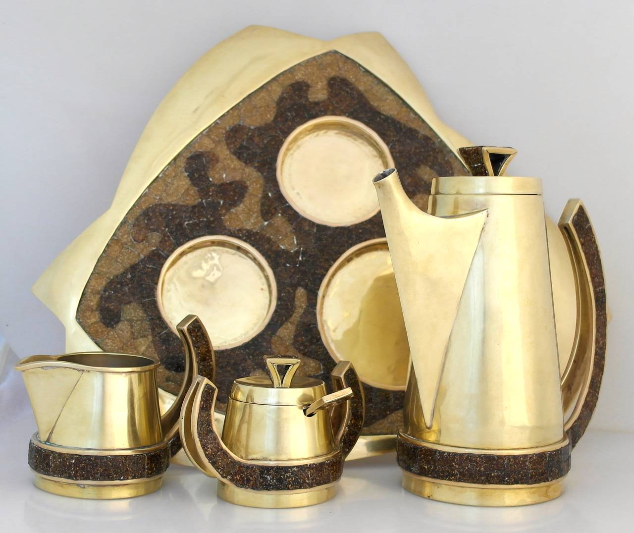 Late 20th Century Salvador Teran Brass and Glass Mosaic Tea Set For Sale