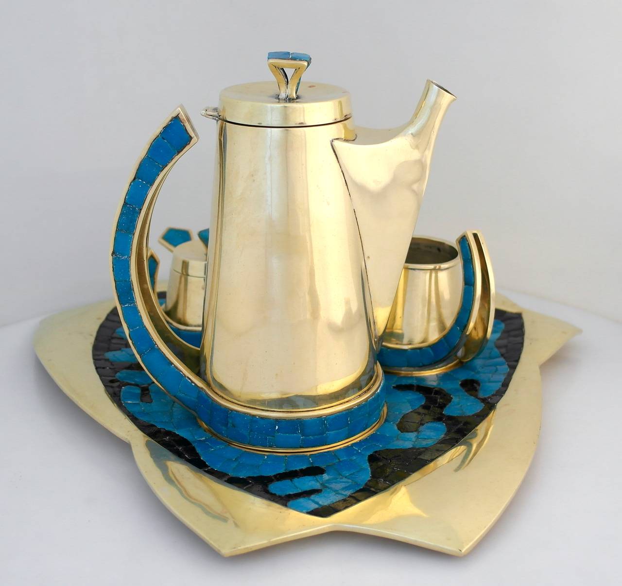 Rare Salvador Teran Modernist Coffee Service circa 1970 Hand-Wrought Brass Tile In Excellent Condition For Sale In New York, NY