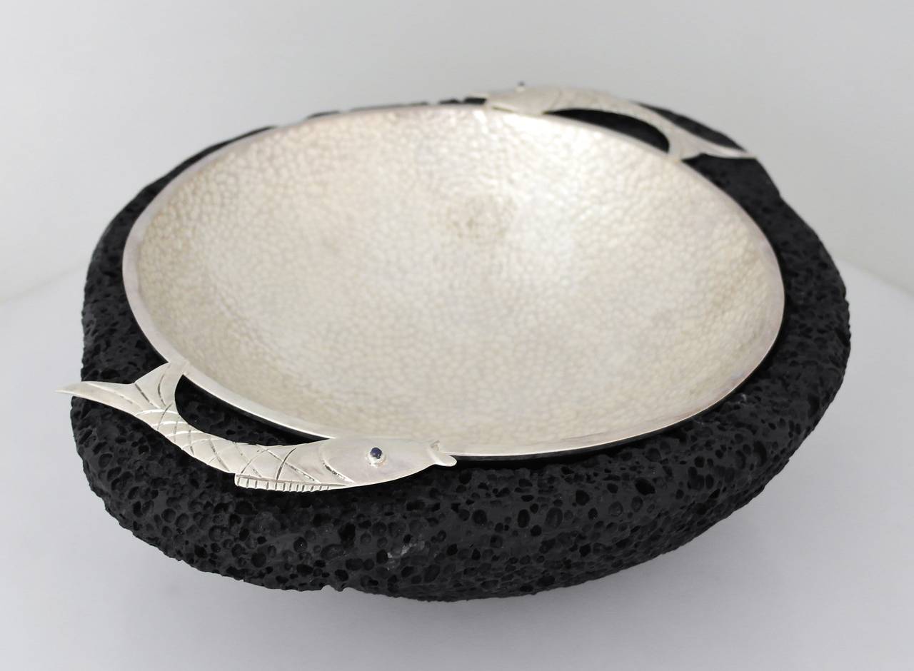 Contemporary EDGY Emilia Castillo Silverplate & Lava Rock Fish Motif Bowl