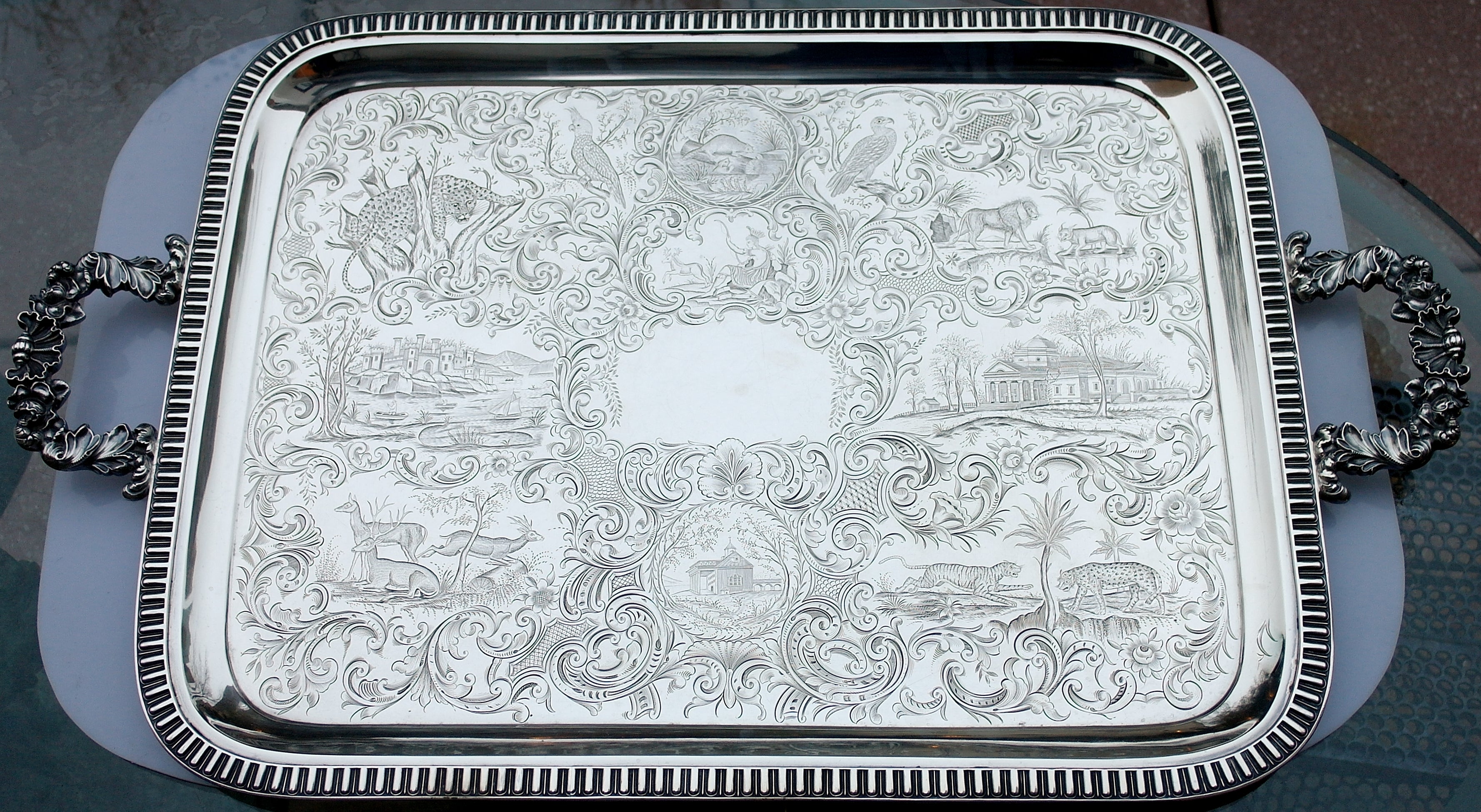 THE VERY BEST Museum Quality, Monumental Gale Coin Silver Tray MANY ANIMALS For Sale
