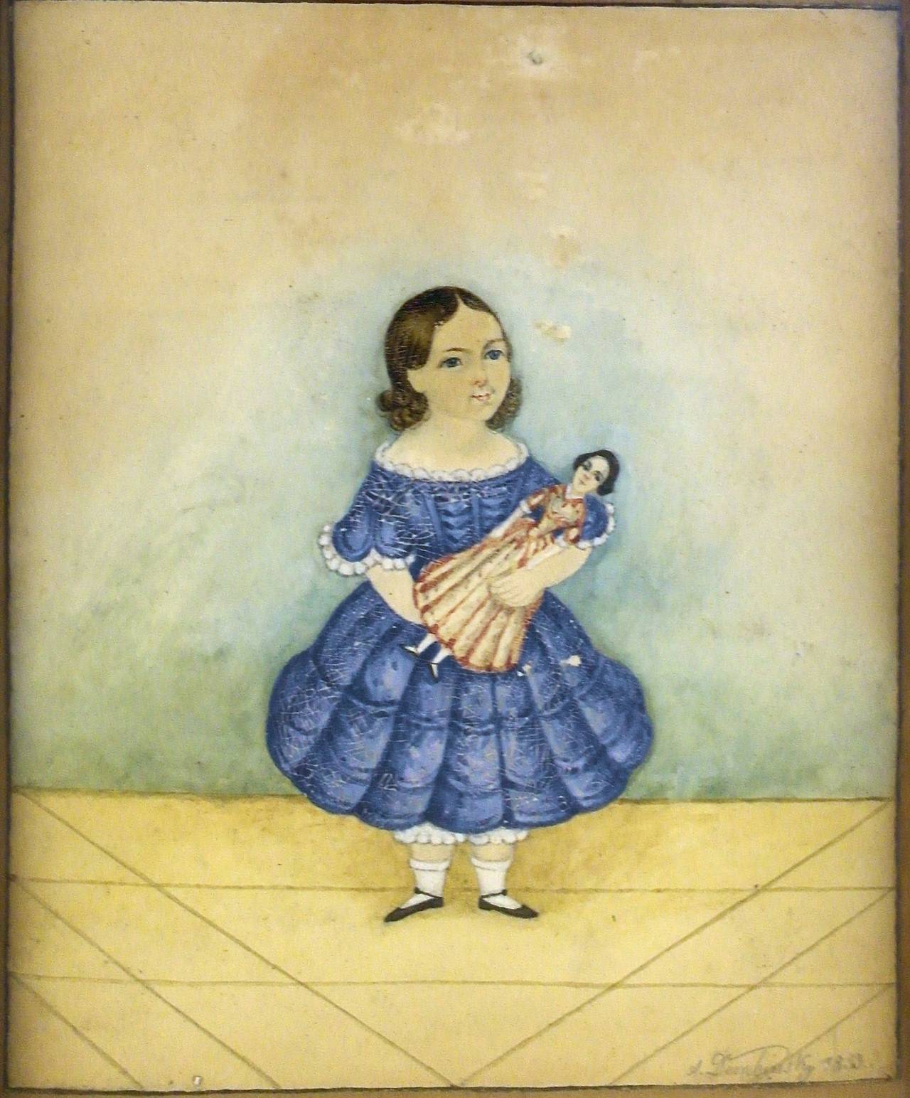American Mid-19th Century Folk Art Portrait of a Girl in a Blue Dress For Sale