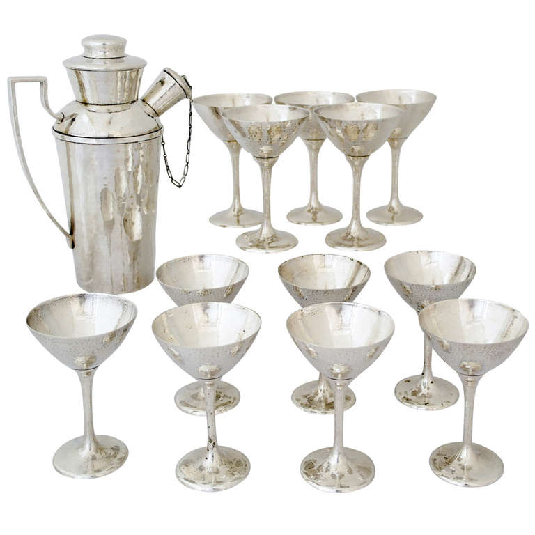 Lebolt Sterling Silver Cocktail Shaker and 12 Martini Glasses For Sale at 1stDibs