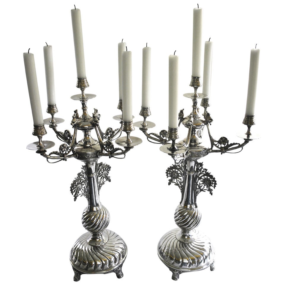 Massive Aesthetic Meriden Silverplate Pair of  Five Light Candelabra