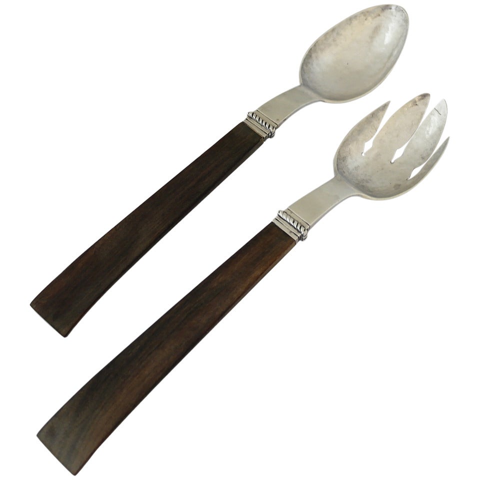 William Spratling Handwrought Sterling Silver & Rosewood Salad Servers