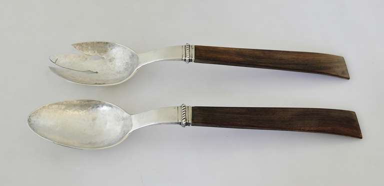 Mexican William Spratling Handwrought Sterling Silver & Rosewood Salad Servers