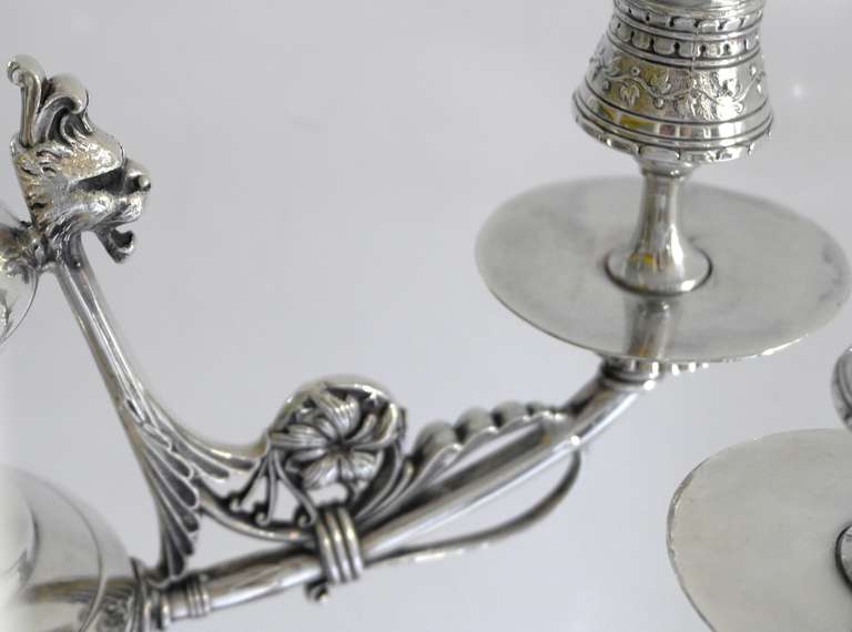 Massive Aesthetic Meriden Silverplate Pair of  Five Light Candelabra In Excellent Condition In New York, NY