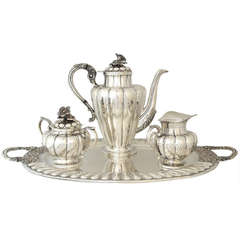 Handmade Mexican Sterling Silver, Three-Piece Tea Set with Tray, 1950