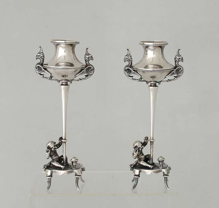 Antique Gorham Pair of Candlesticks 1868 Sterling Silver Figural