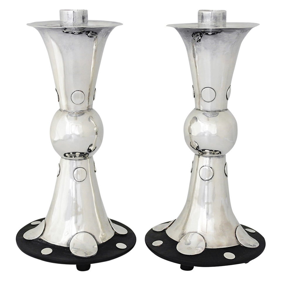 RARE William Spratling Pair of Sterling Silver and Rosewood Candlesticks, 1960 For Sale