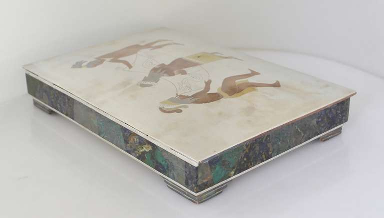 Mid-20th Century Los Castillo Sterling Silver Married Metals and Applied Stone Inlay Box, 1955 For Sale
