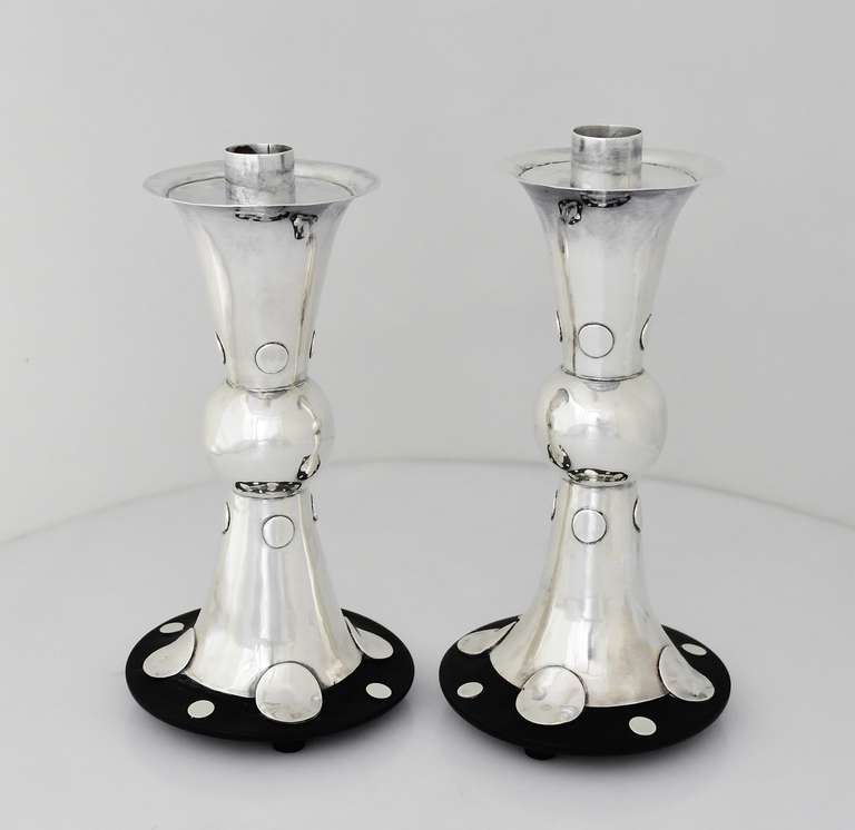RARE William Spratling Pair of Sterling Silver and Rosewood Candlesticks, 1960 For Sale 2