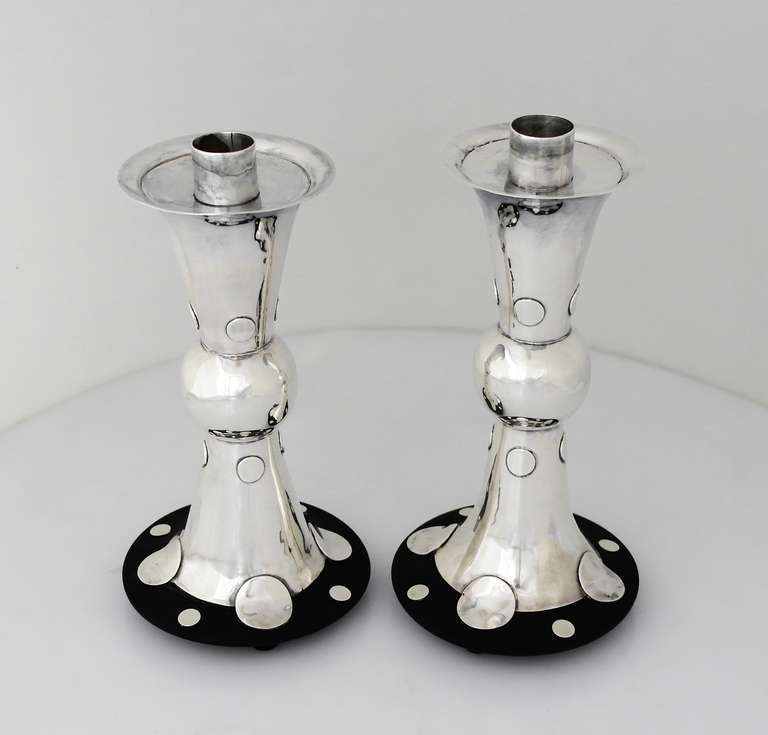 Mexican RARE William Spratling Pair of Sterling Silver and Rosewood Candlesticks, 1960 For Sale