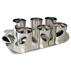 RAREST Antonio Pineda Sterling Silver Modernist Set of Six Tumblers with Tray