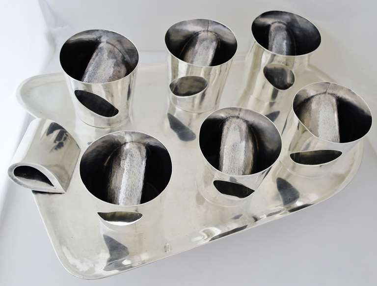 Mexican RAREST Antonio Pineda Sterling Silver Modernist Set of Six Tumblers with Tray