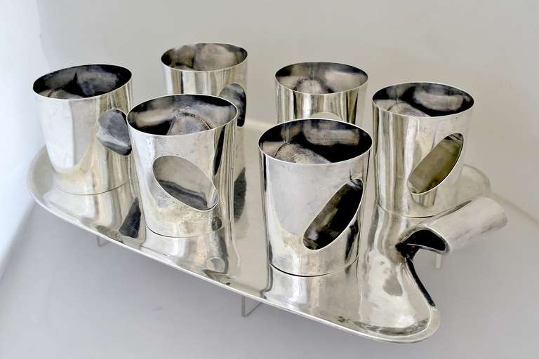 RAREST Antonio Pineda Sterling Silver Modernist Set of Six Tumblers with Tray In Excellent Condition In New York, NY