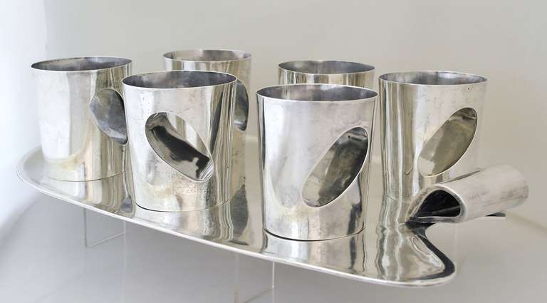 Mid-20th Century RAREST Antonio Pineda Sterling Silver Modernist Set of Six Tumblers with Tray