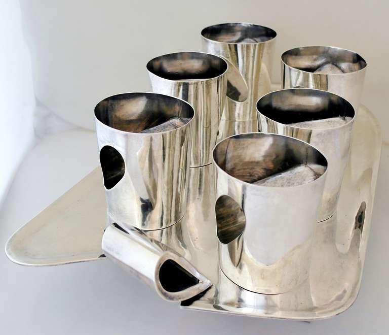 RAREST Antonio Pineda Sterling Silver Modernist Set of Six Tumblers with Tray 1