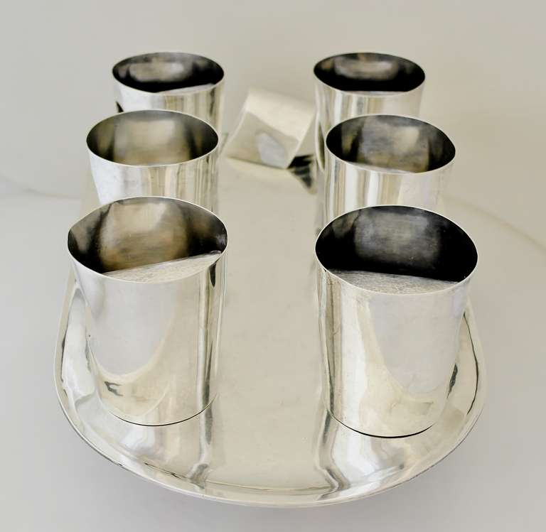 RAREST Antonio Pineda Sterling Silver Modernist Set of Six Tumblers with Tray 2