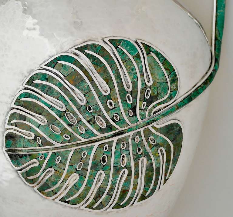 Mexican Emilia Castillo Monumental Silver Plate and Stone Inlay Vase or Umbrella Stand
