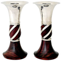 William Spratling Sterling Silver and Rosewood Candlesticks, pair 1950