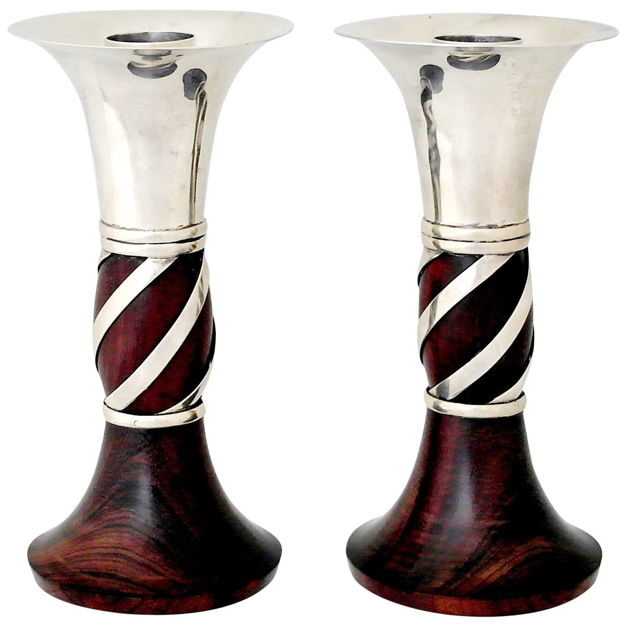 William Spratling Sterling Silver and Rosewood Candlesticks, pair 1950 For Sale