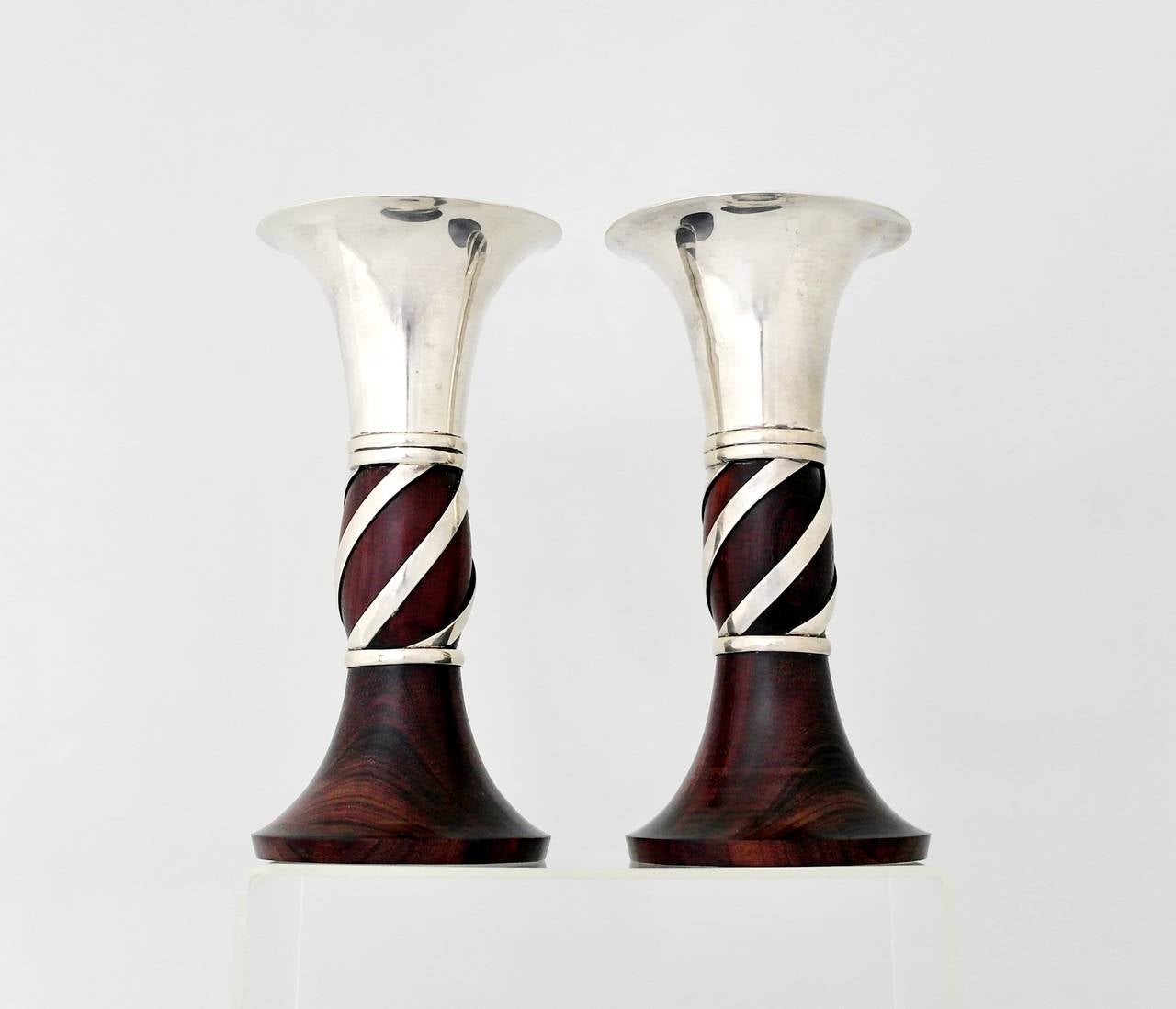 Mexican William Spratling Sterling Silver and Rosewood Candlesticks, pair 1950 For Sale