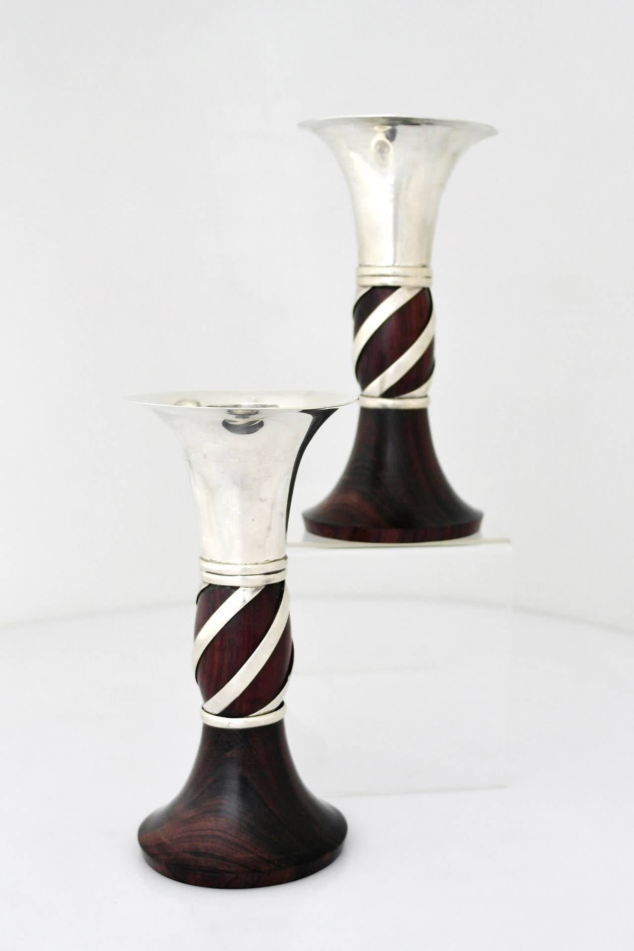 Forged William Spratling Sterling Silver and Rosewood Candlesticks, pair 1950 For Sale