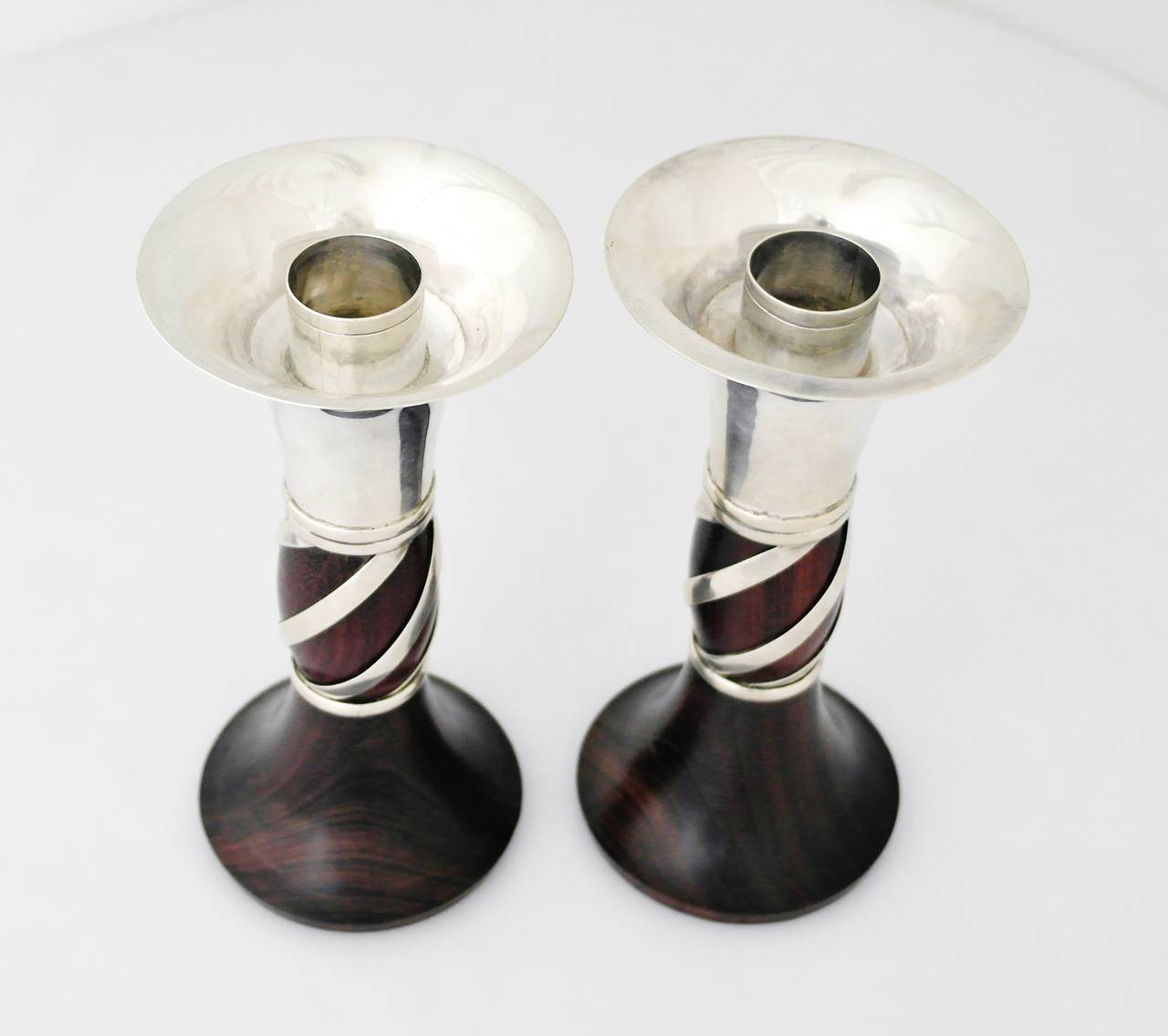 William Spratling Sterling Silver and Rosewood Candlesticks, pair 1950 In Excellent Condition For Sale In New York, NY