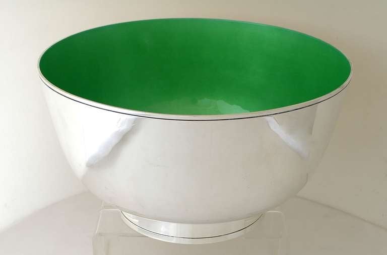 Being offered is a rare circa 1955 large sterling silver enameled centerpiece bowl by Towle, of Newburyport, MA, body sterling silver and interior a stunning and brilliant green 'enamel'. The interior is not actually an 'enamel' process, but is