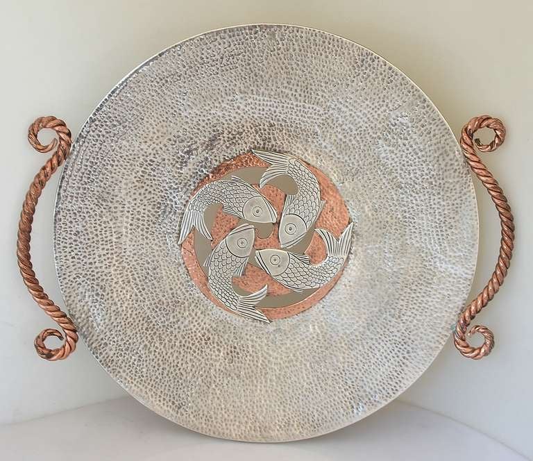 Large Emilia Castillo Taxco Large Sterling Silver & Copper Centrepiece Tray 1990