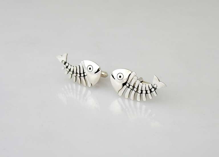 Mexican Antonio Pineda Sterling Silver .970 Fish Design Cufflinks