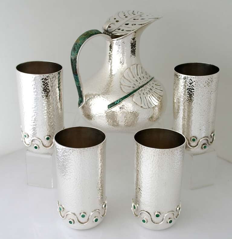 Emilia Castillo Hammered Silverplate & Malachite Set of Pitcher & Cups