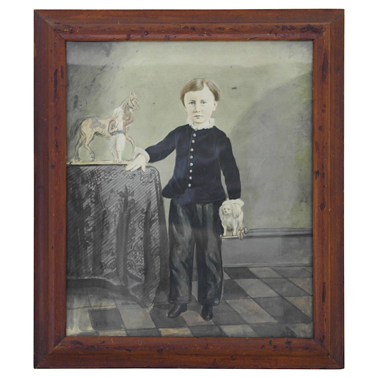19th Century Folk Art Watercolor Portrait of a Young Boy For Sale