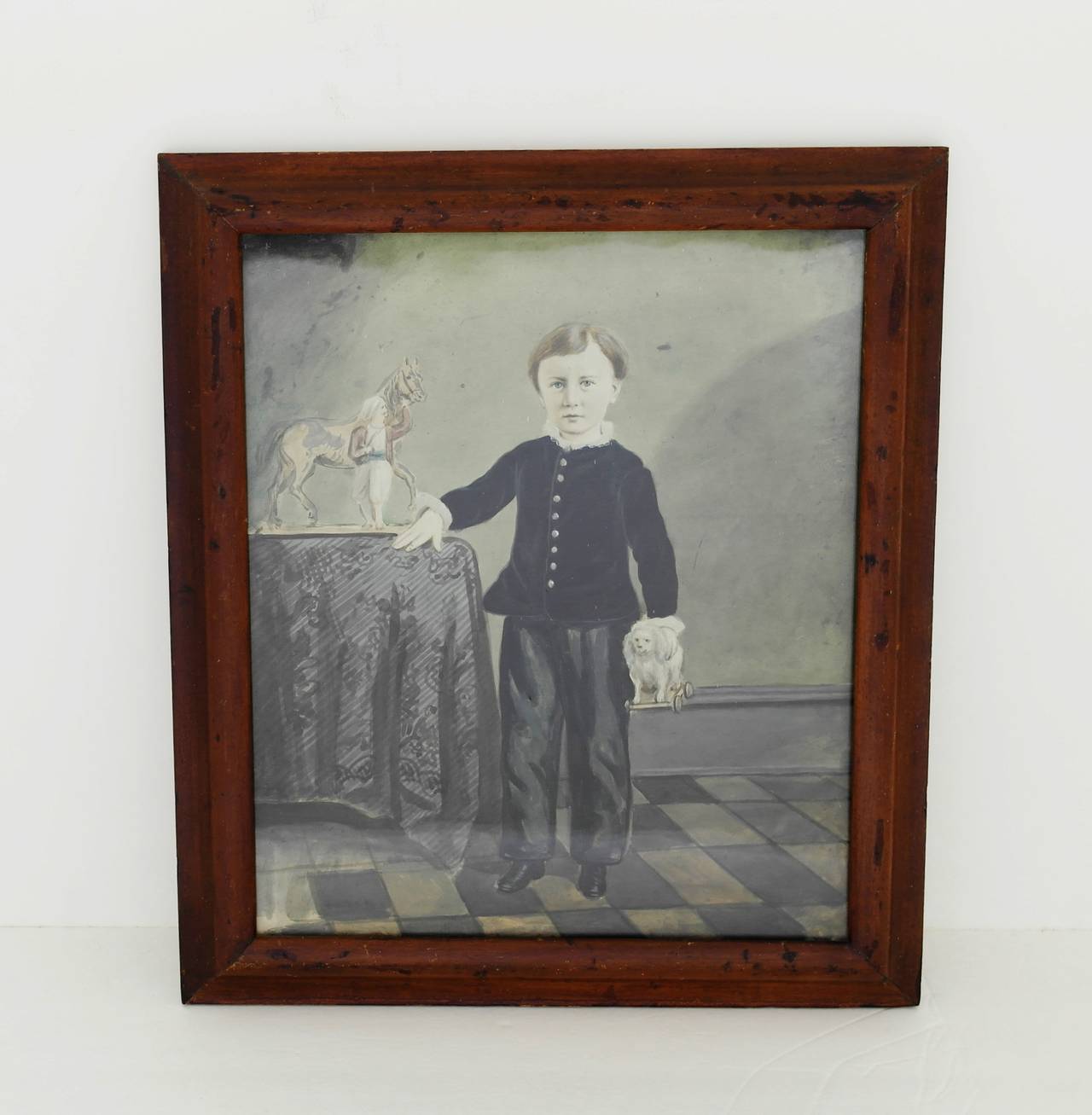 Mid-19th Century 19th Century Folk Art Watercolor Portrait of a Young Boy For Sale