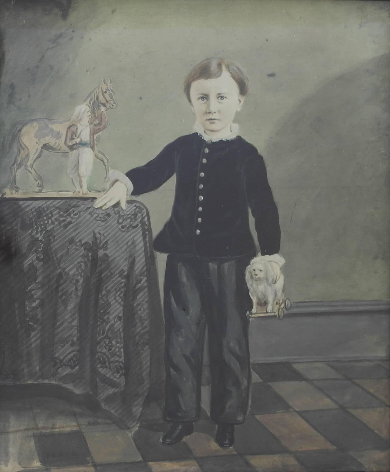 Being offered is a 19th century watercolor portrait of a young boy holding a dog pull toy; well-dressed child leans on a table displaying a horse and rider toy. Note the richness in detail on the table cover and checkered floor. Dimensions: 14