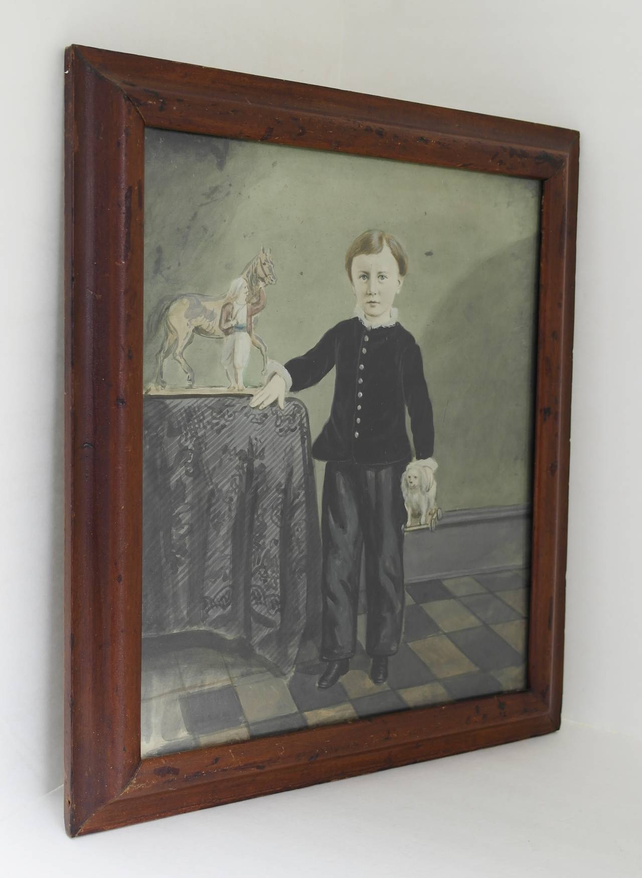 American 19th Century Folk Art Watercolor Portrait of a Young Boy For Sale